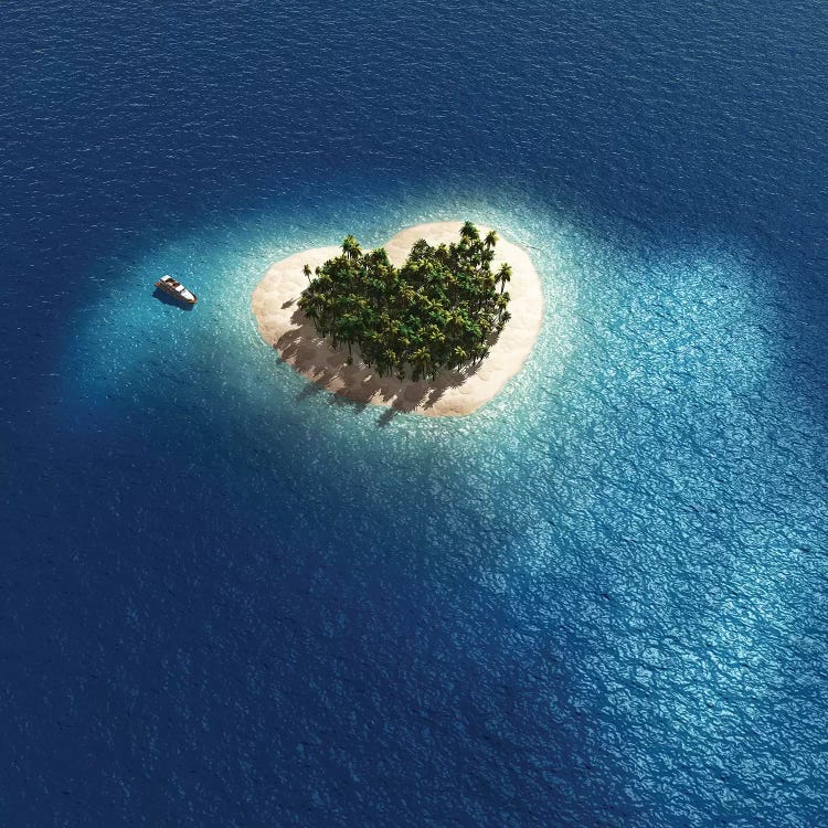 Aerial View Of Heart Shape Tropical Island