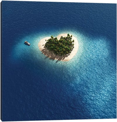 Aerial View Of Heart Shape Tropical Island Canvas Art Print - Mike Kiev