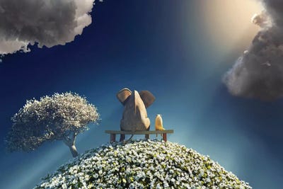 Elephant And Dog Sitting On A Spring Planet by Mike Kiev art print