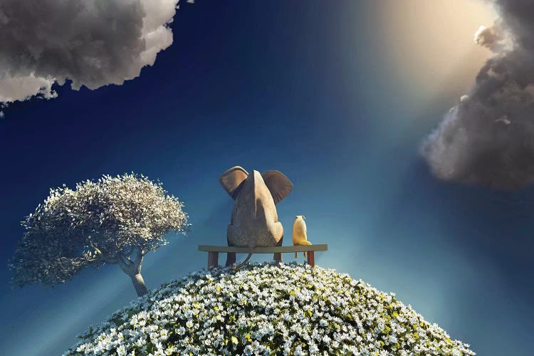 Elephant And Dog Sitting On A Spring Planet by Mike Kiev wall art