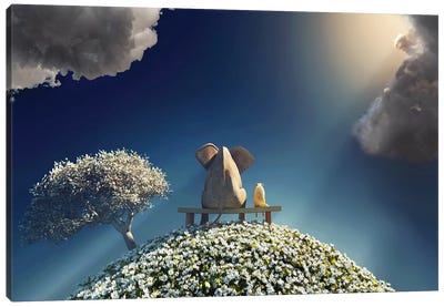 Elephant And Dog Sitting On A Spring Planet Canvas Art Print - Mike Kiev