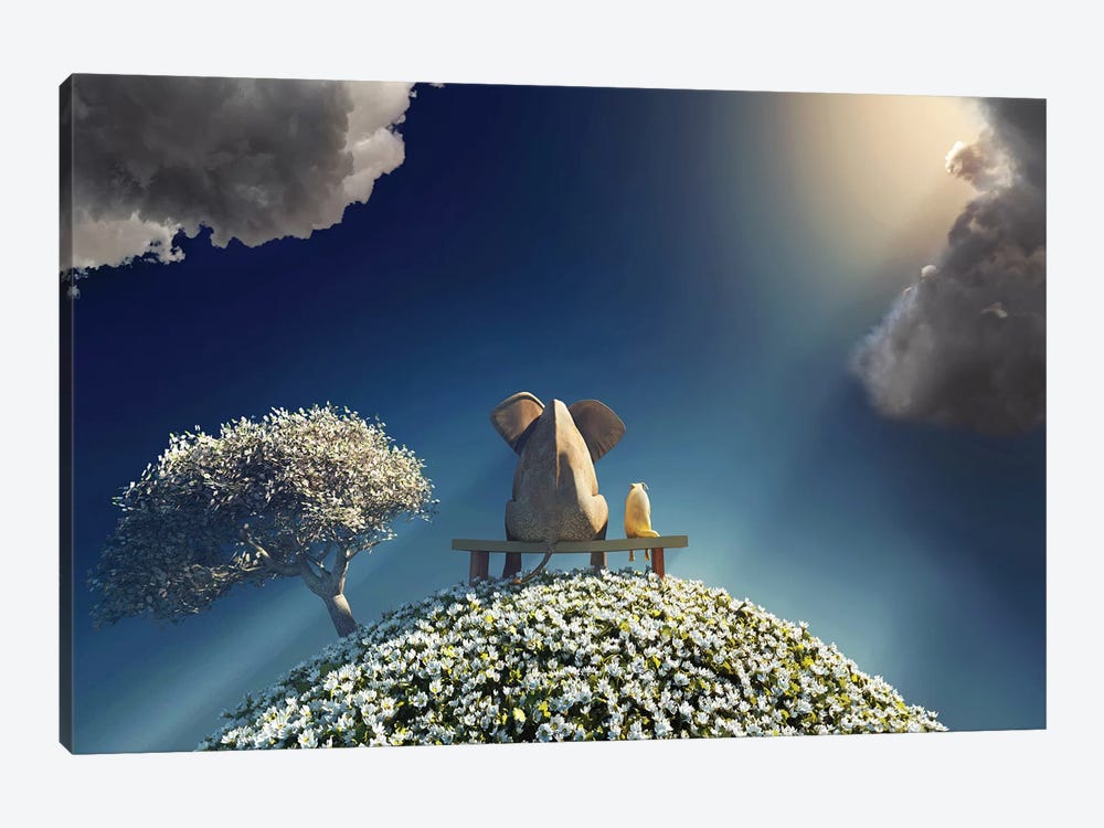 Elephant And Dog Sitting On A Spring Planet by Mike Kiev 1-piece Canvas Wall Art
