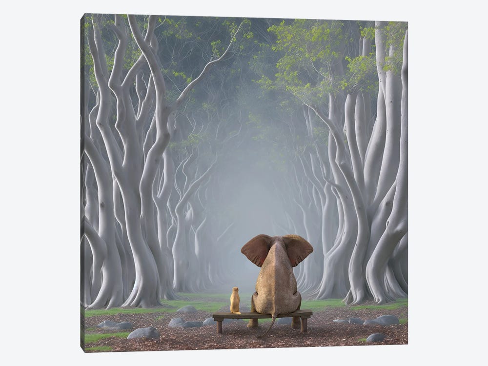 Elephant And Dog Sitting On An Alley Of Trees by Mike Kiev 1-piece Canvas Print