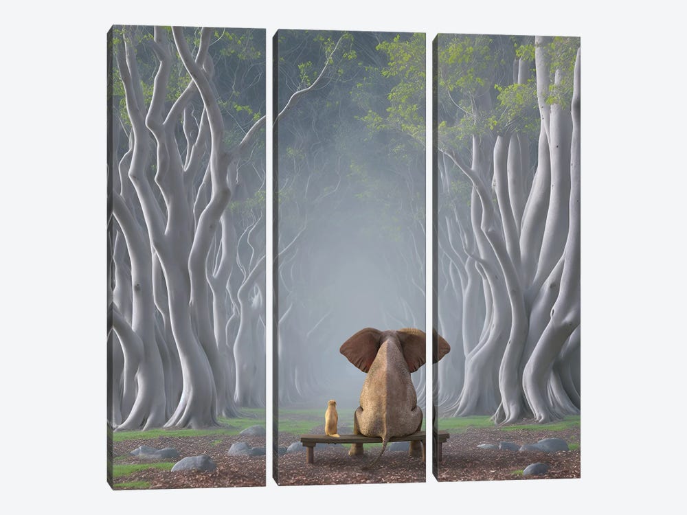 Elephant And Dog Sitting On An Alley Of Trees by Mike Kiev 3-piece Art Print