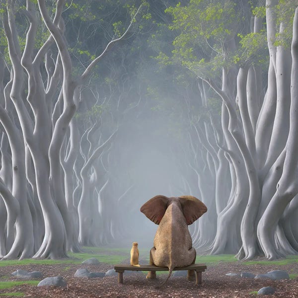 Mike Kiev: Elephant And Dog Sitting On An Alley Of Trees by Mike Kiev