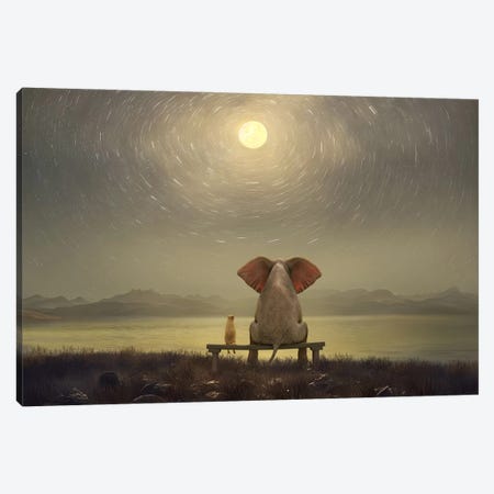 Elephant And Dog Are Sitting On The Shore On A Moonlit Night Canvas Print #MII418} by Mike Kiev Art Print