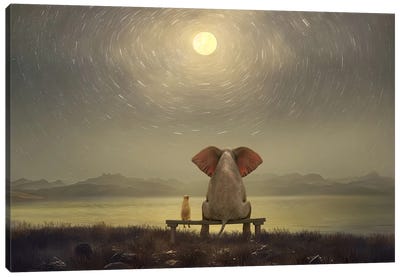 Elephant And Dog Are Sitting On The Shore On A Moonlit Night Canvas Art Print - Mike Kiev