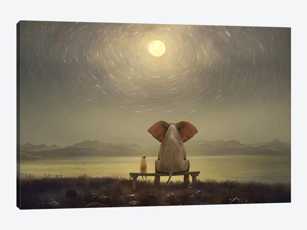 Elephant And Dog Are Sitting On The Shore On A Moonlit Night by Mike Kiev 1-piece Canvas Wall Art
