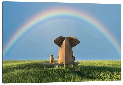 Elephant And Dog Sitting Under The Rainbow On A Green Grass Field Canvas Art Print - Animal Humor Art