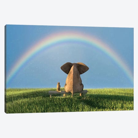 Elephant And Dog Sitting Under The Rainbow On A Green Grass Field Canvas Print #MII41} by Mike Kiev Canvas Art Print
