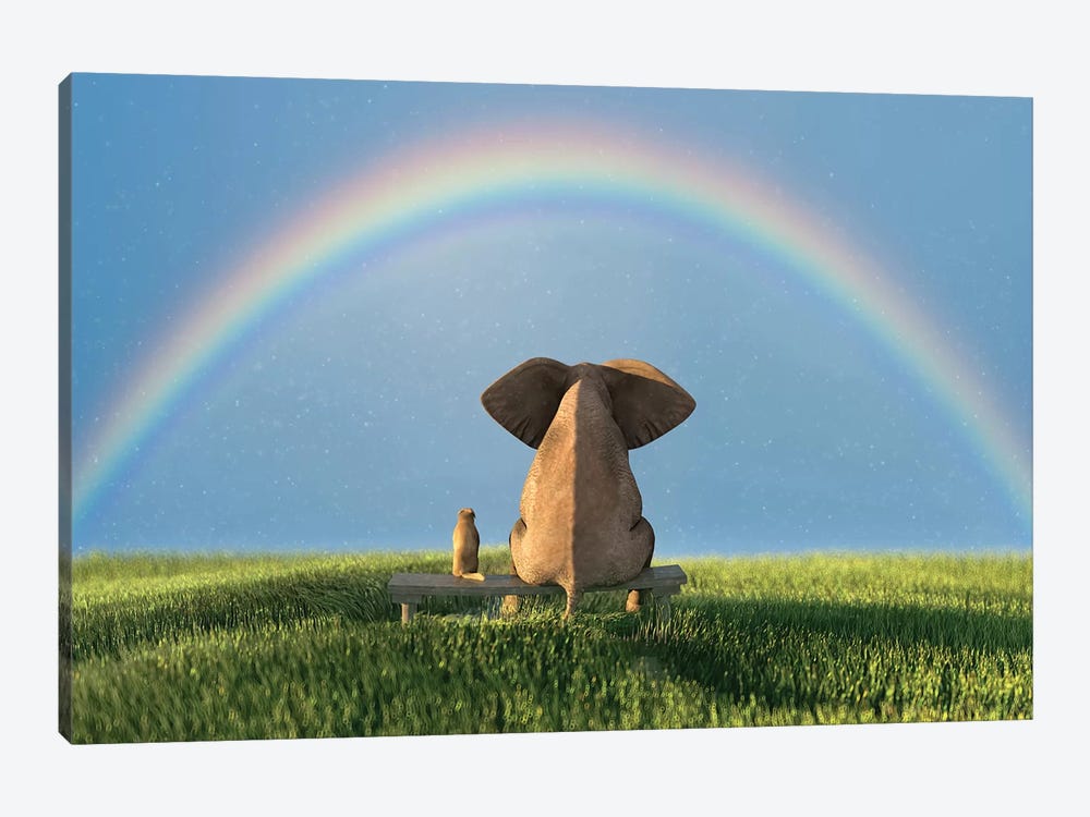 Elephant And Dog Sitting Under The Rainbow On A Green Grass Field by Mike Kiev 1-piece Canvas Art Print