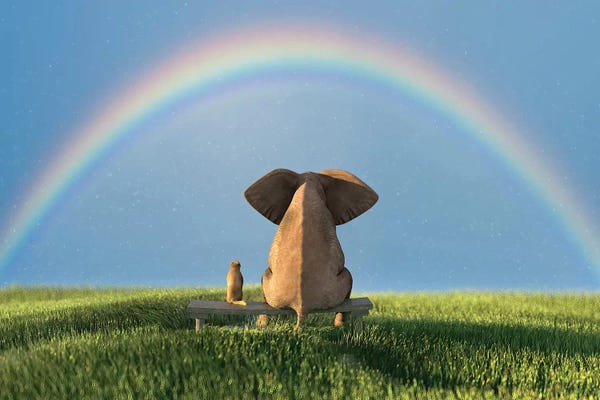 Elephants: Elephant And Dog Sitting Under The Rainbow On A Green Grass Field by Mike Kiev