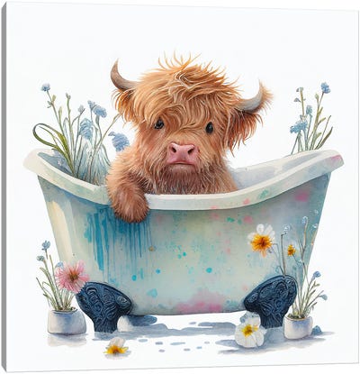 Bathing A Highland Cow II Canvas Art Print - Large Art for Bathroom