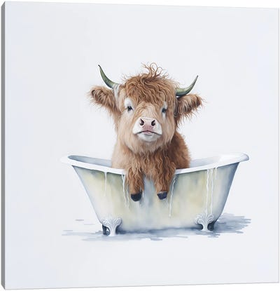 Bathing A Highland Cow III Canvas Art Print - Highland Cow Art