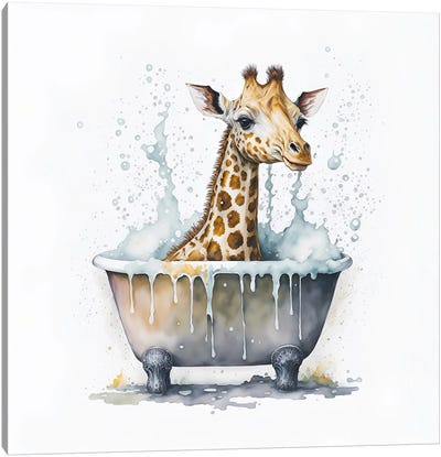 Bathing A Giraffe Canvas Art Print - Mike Kiev