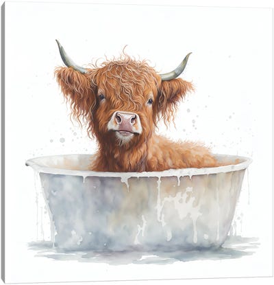 Bathing A Highland Cow I Canvas Art Print - Cow Art
