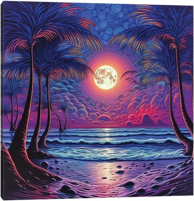 Fantasy Sea Beach Canvas Art Print - Full Moon Art