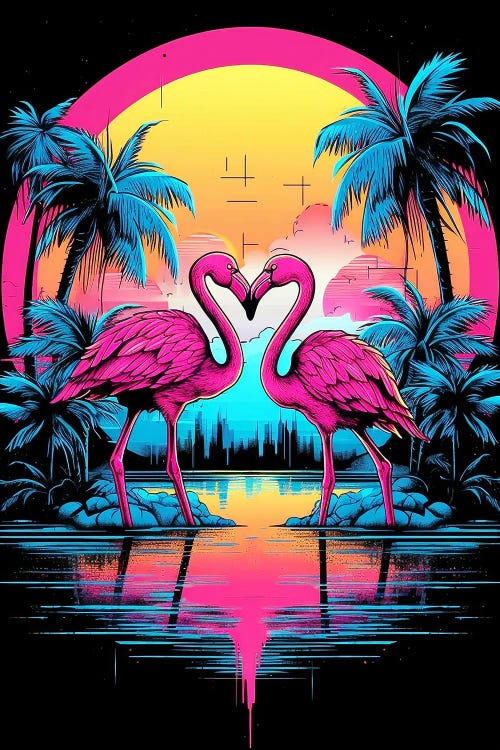 Two Flamingos At Sunset by Mike Kiev wall art