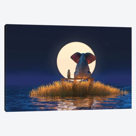 Elephant And Dog Are Sitting On A Small Island On A Moonlit Night Canvas Print #MII441} by Mike Kiev Canvas Wall Art