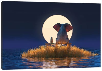 Elephant And Dog Are Sitting On A Small Island On A Moonlit Night Canvas Art Print - Mike Kiev