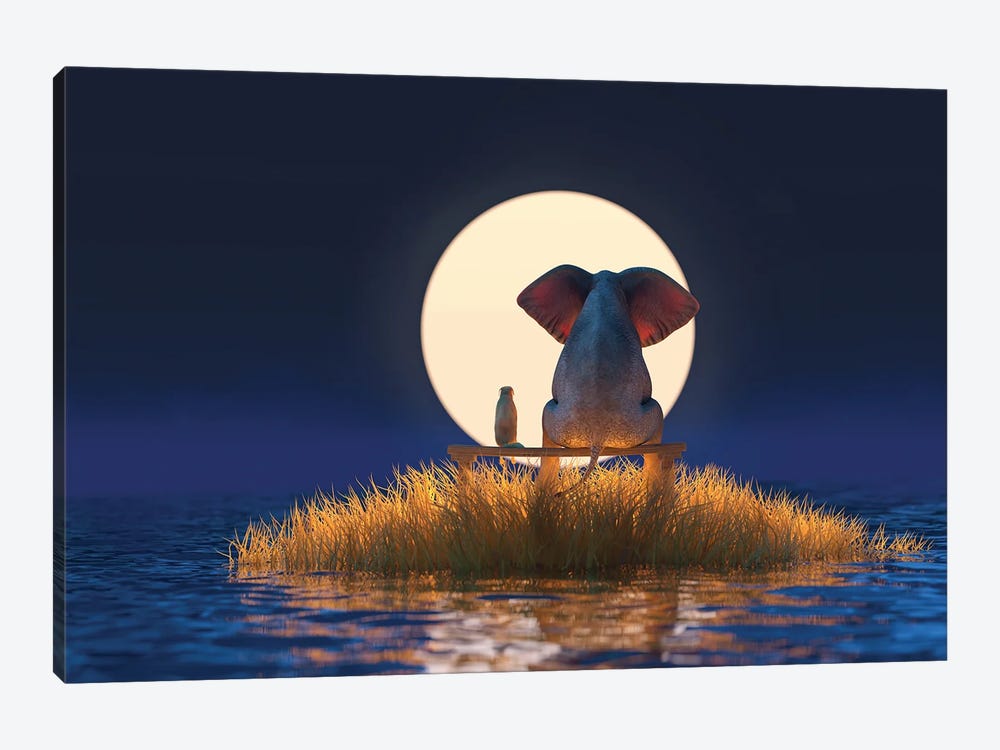 Elephant And Dog Are Sitting On A Small Island On A Moonlit Night by Mike Kiev 1-piece Canvas Art