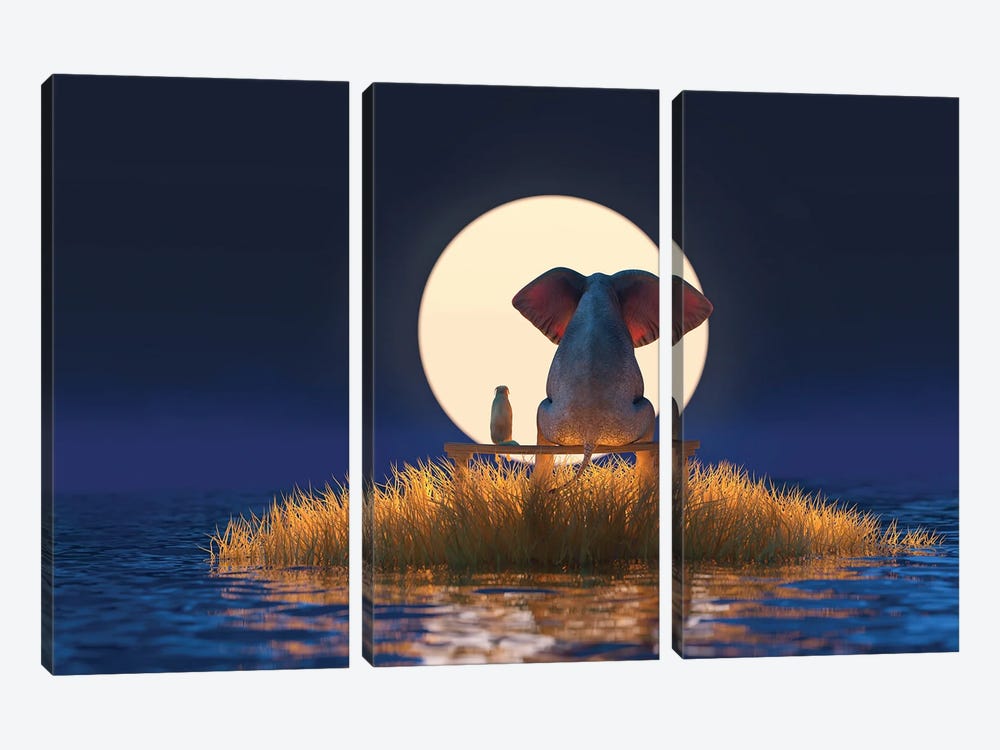 Elephant And Dog Are Sitting On A Small Island On A Moonlit Night by Mike Kiev 3-piece Canvas Wall Art