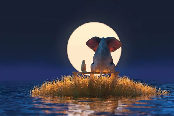 Mike Kiev: Elephant And Dog Are Sitting On A Small Island On A Moonlit Night by Mike Kiev