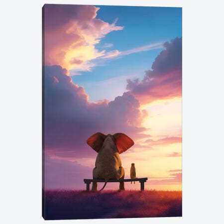 Elephant And Dog Sit On A Bench And Watch The Sunrise Canvas Print #MII446} by Mike Kiev Canvas Art Print