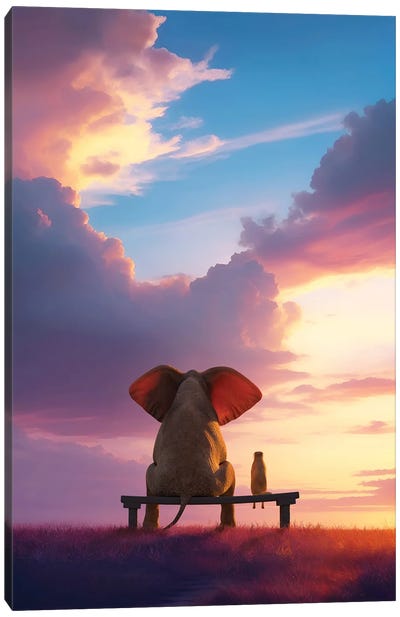 Elephant And Dog Sit On A Bench And Watch The Sunrise Canvas Art Print - Sunrises & Sunsets Scenic Photography