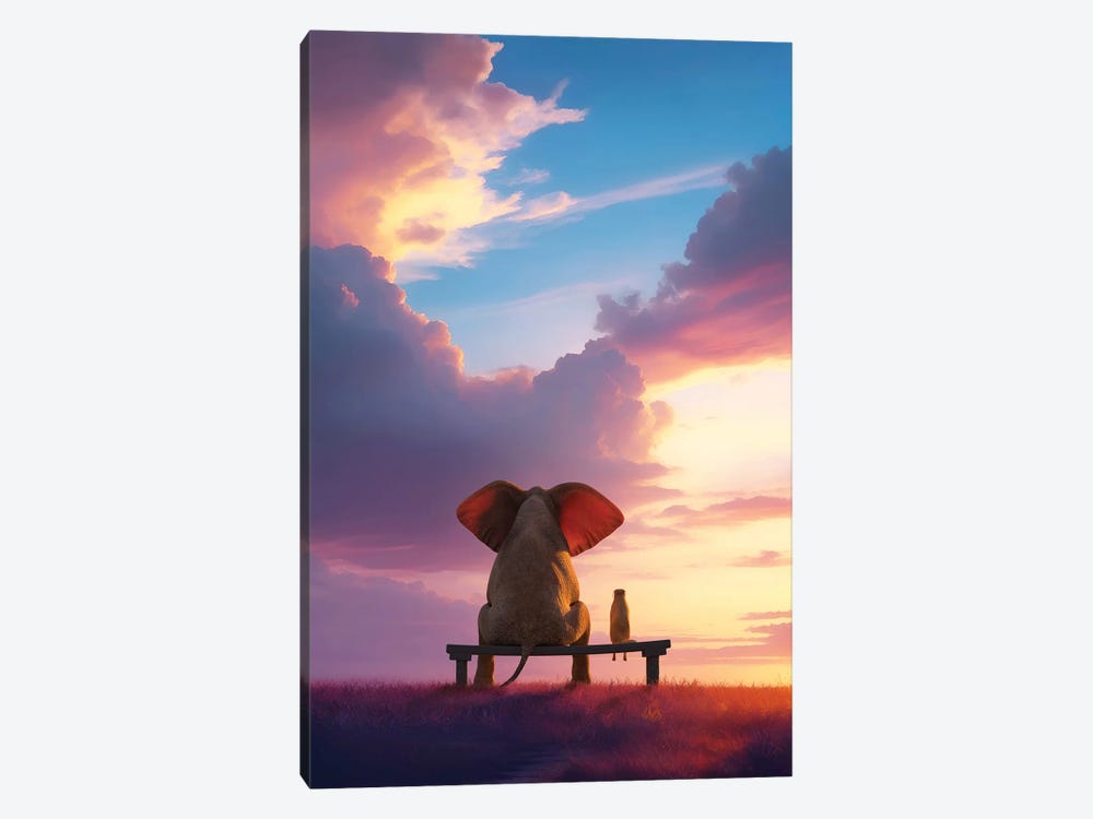 Elephant And Dog Sit On A Bench And Watch The Sunrise by Mike Kiev 1-piece Canvas Print