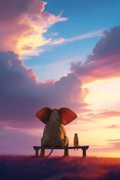 Mike Kiev: Elephant And Dog Sit On A Bench And Watch The Sunrise by Mike Kiev