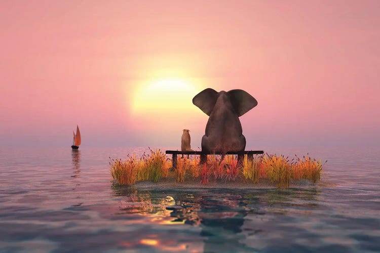 Elephant And Dog Sitting On A Small Island At Sunset