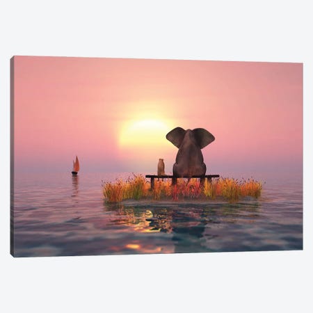 Elephant And Dog Sitting On A Small Island At Sunset Canvas Print #MII448} by Mike Kiev Canvas Art