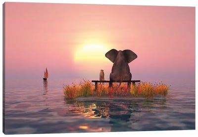 Elephant And Dog Sitting On A Small Island At Sunset Canvas Art Print - Mike Kiev