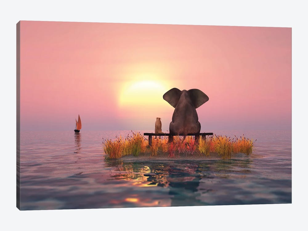 Elephant And Dog Sitting On A Small Island At Sunset by Mike Kiev 1-piece Canvas Print