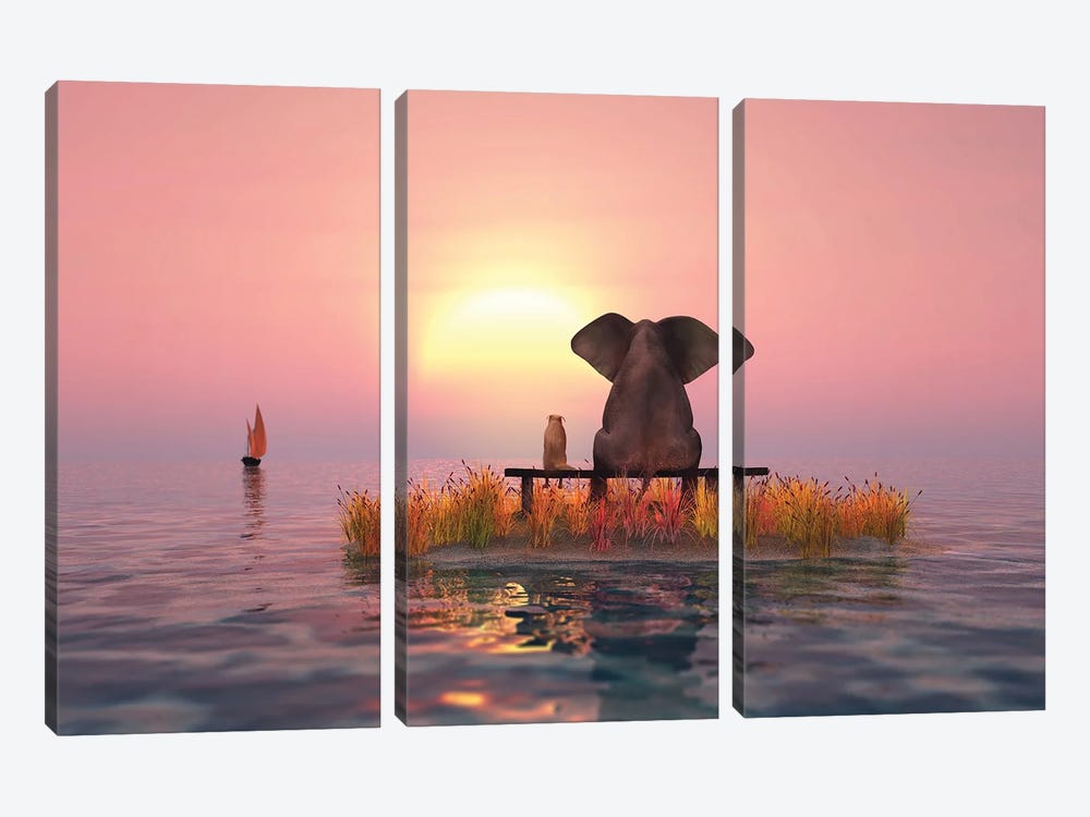 Elephant And Dog Sitting On A Small Island At Sunset by Mike Kiev 3-piece Canvas Art Print