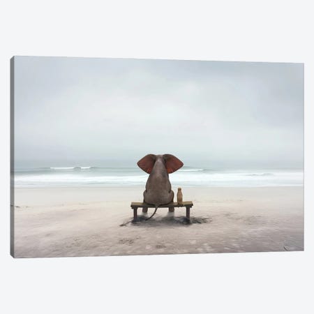 Elephant And Dog Sit On The Deserted Shore Canvas Print #MII452} by Mike Kiev Canvas Print