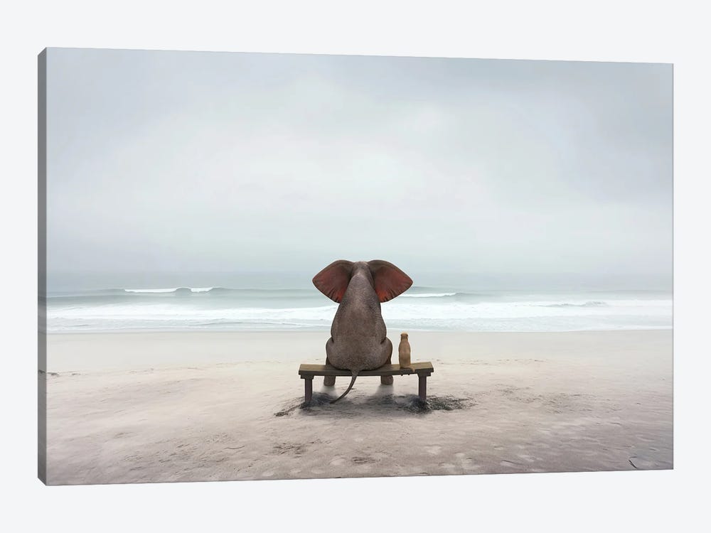 Elephant And Dog Sit On The Deserted Shore by Mike Kiev 1-piece Canvas Artwork