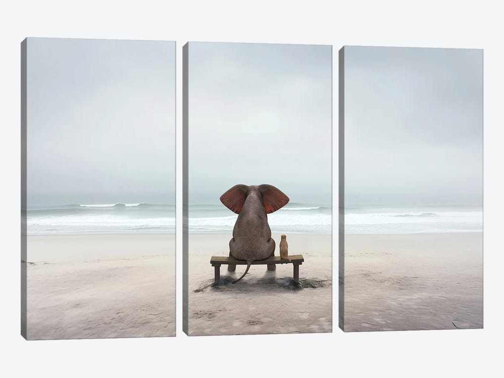 Elephant And Dog Sit On The Deserted Shore by Mike Kiev 3-piece Canvas Art