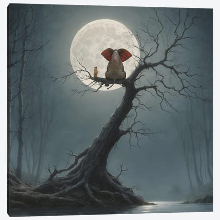 Elephant And Dog Sitting On A Tree And Looking At The Moon Canvas Print #MII454} by Mike Kiev Canvas Wall Art