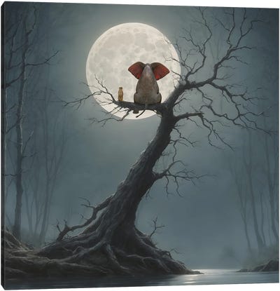 Elephant And Dog Sitting On A Tree And Looking At The Moon Canvas Art Print - Elephant Art