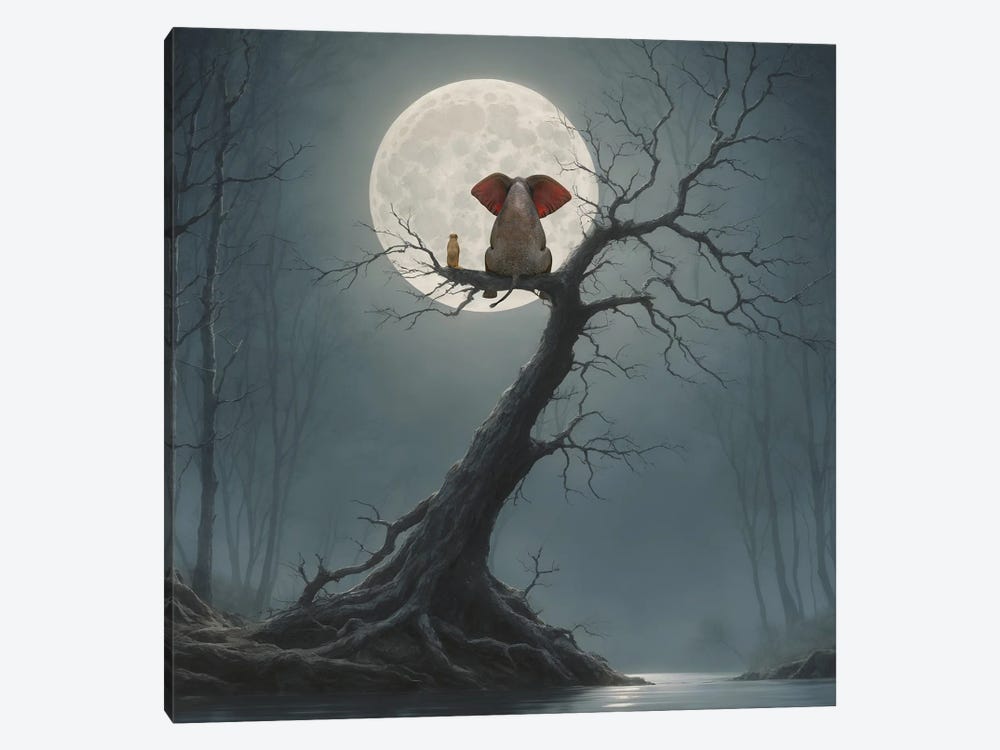 Elephant And Dog Sitting On A Tree And Looking At The Moon by Mike Kiev 1-piece Canvas Wall Art