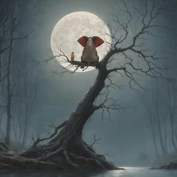 Mike Kiev: Elephant And Dog Sitting On A Tree And Looking At The Moon by Mike Kiev