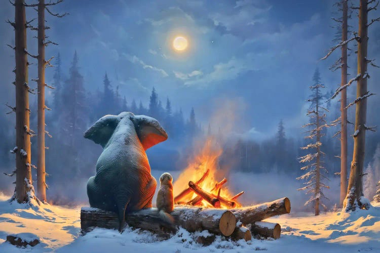 Elephant And Dog Sitting By The Fire In The Winter Forest by Mike Kiev wall art