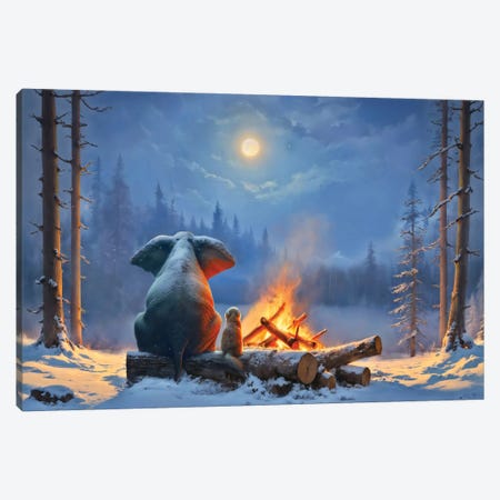 Elephant And Dog Sitting By The Fire In The Winter Forest Canvas Print #MII456} by Mike Kiev Canvas Wall Art