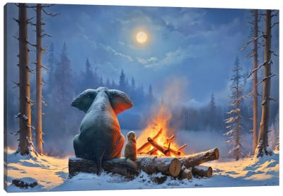 Elephant And Dog Sitting By The Fire In The Winter Forest Canvas Art Print