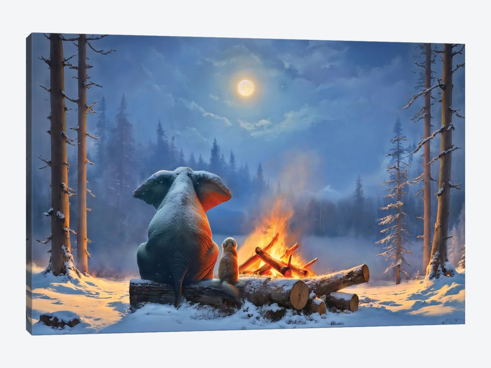 Elephant And Dog Sitting By The Fire In The Winter Forest by Mike Kiev 1-piece Canvas Artwork