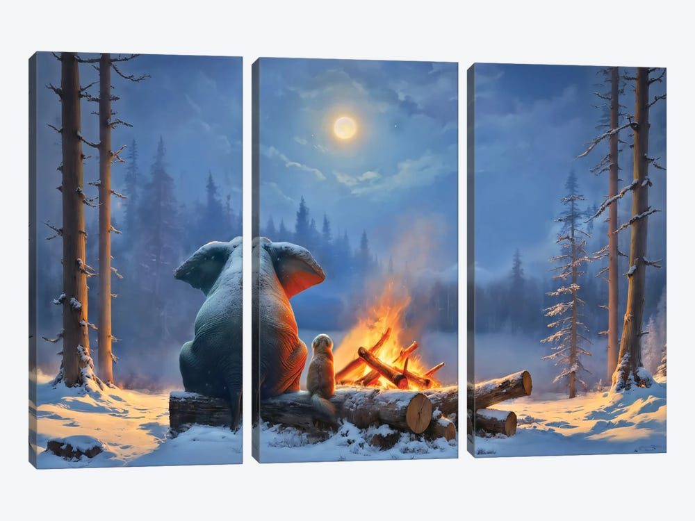 Elephant And Dog Sitting By The Fire In The Winter Forest by Mike Kiev 3-piece Canvas Artwork