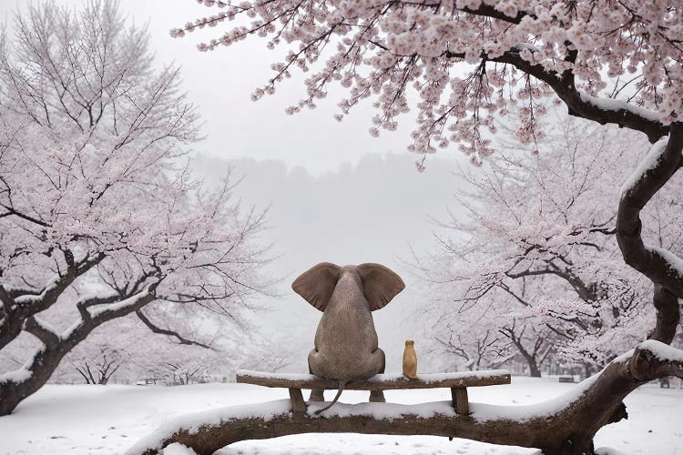 Elephant And Dog Sitting In A Snowy Japanese Garden by Mike Kiev wall art