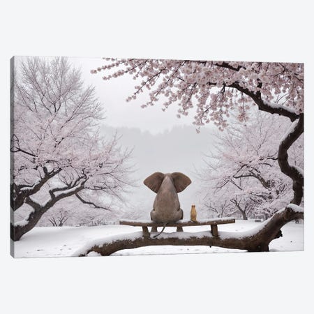 Elephant And Dog Sitting In A Snowy Japanese Garden Canvas Print #MII461} by Mike Kiev Canvas Art